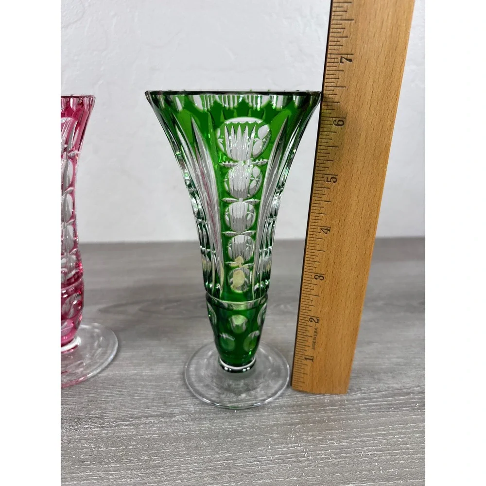 Vintage Bohemian Cut to Clear Crystal Bud Vases Pink Green Pair 6.5 Inch